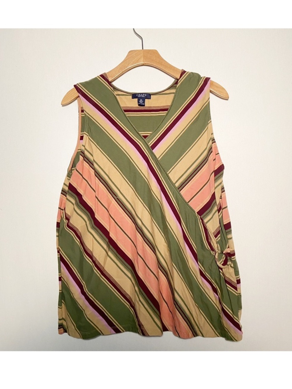 Chaps Sleeveless Striped Tank Top Womens Size 2X Olive Peach Burgundy Faux-wrap